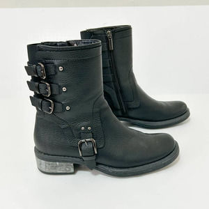 Aquatalia Black Leather Buckle Detail Block Heel Moto Boots